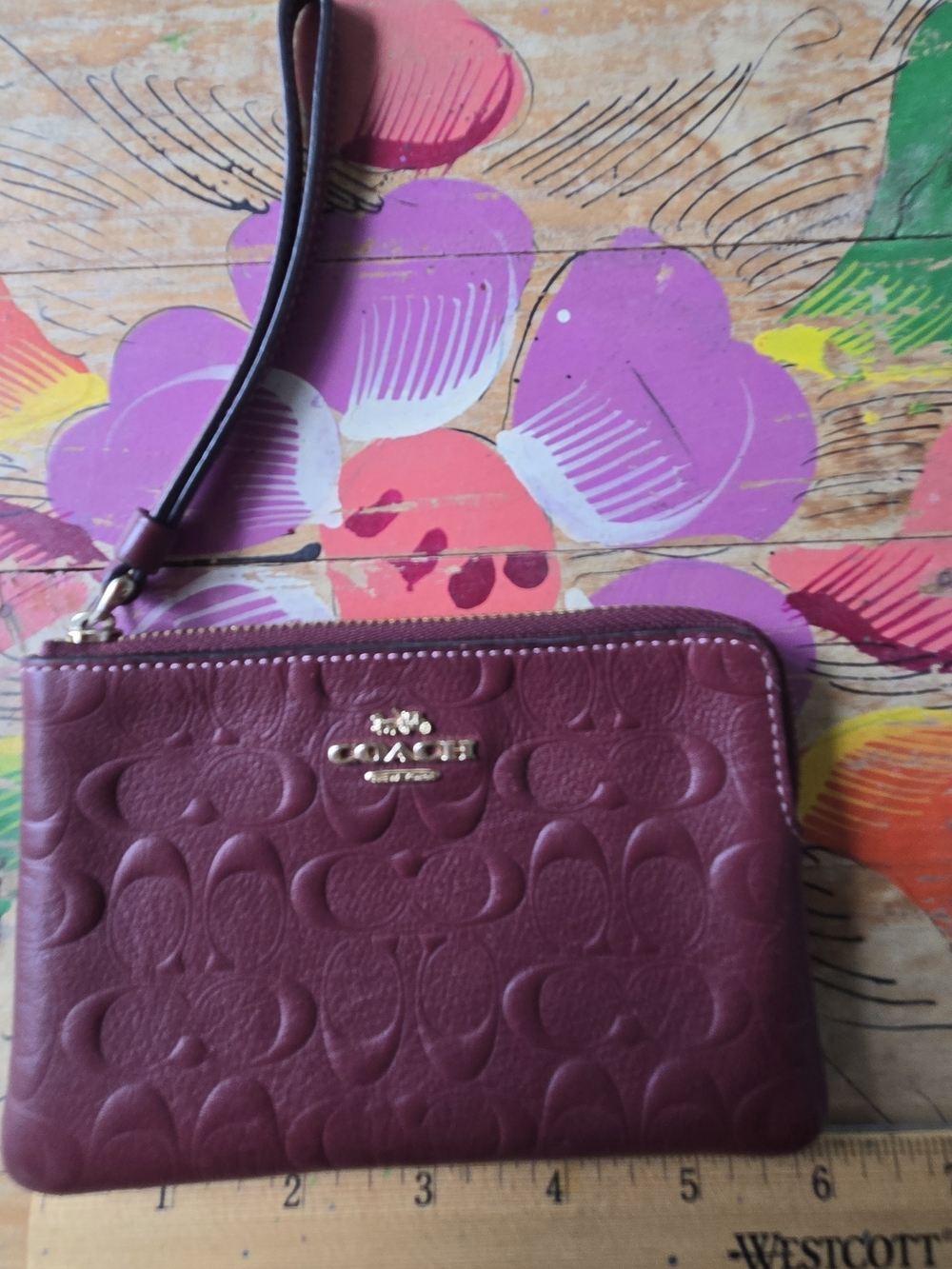 Coach Maroon Embossed Leather Wristlet